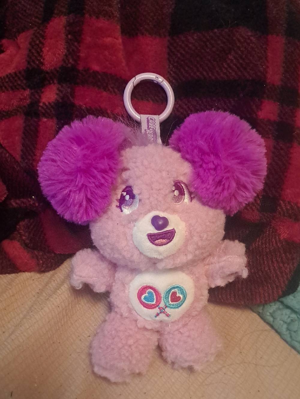 Care Bears Pink Plush Keychain with Purple Pom Ears